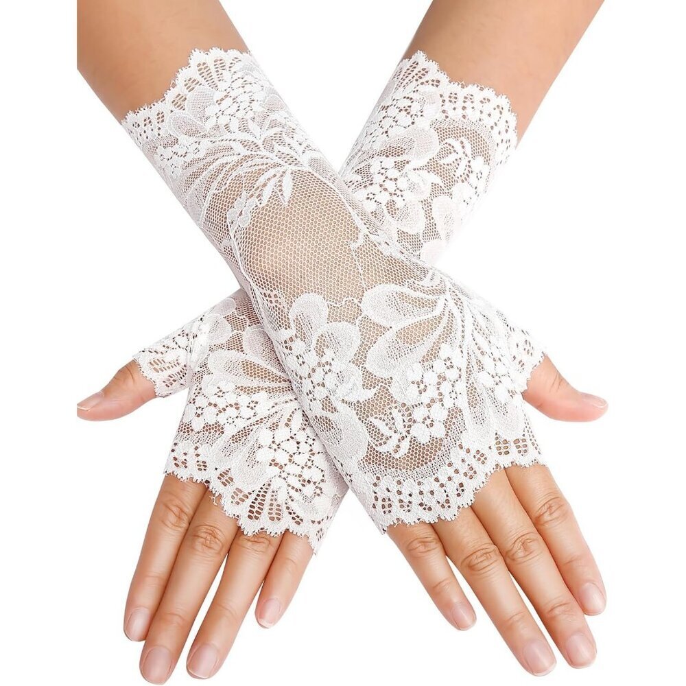 Women Evening Fingerless Short Wrist White Lace Gloves Party Prom Cosplay